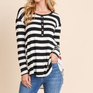 Long Sleeve Striped Buttons Top with Floral Print